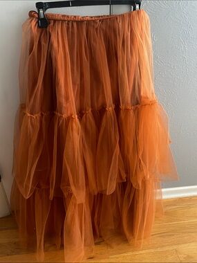 Tiered Orange Tulle Maxi Skirt with Elastic Waist